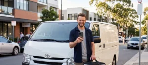 Delivery driver in a navy shirt smiles at his phone beside a white delivery van on a city street.