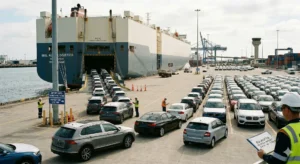 Imported European cars at a shipping terminal; representing new trade opportunities and lower tariffs under the Australia-EU Free Trade Agreement.