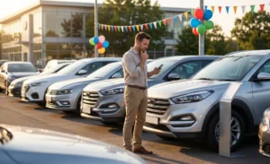 A thoughtful consumer researches vehicle pricing on his mobile phone while standing among new cars at a dealership during a clearance sale.