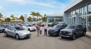 A couple explores a variety of new cars, including electric vehicles and SUVs, at an Australian dealership, considering their best options for purchase.